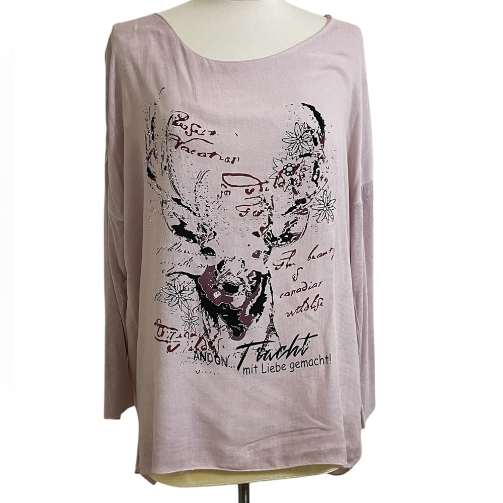 HANGOWEAR Germany Womens Pale Pink Ombré  Stag Deer Graphic Light Weight Top